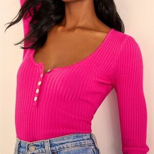 Lulus Everyday Perfection Hot Pink Ribbed Scoop Neck Henley